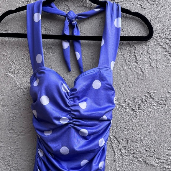 April Cornell NEW Retro Swimsuit Periwinkle Polka Dot Halter One Piece - Picture 2 of 9